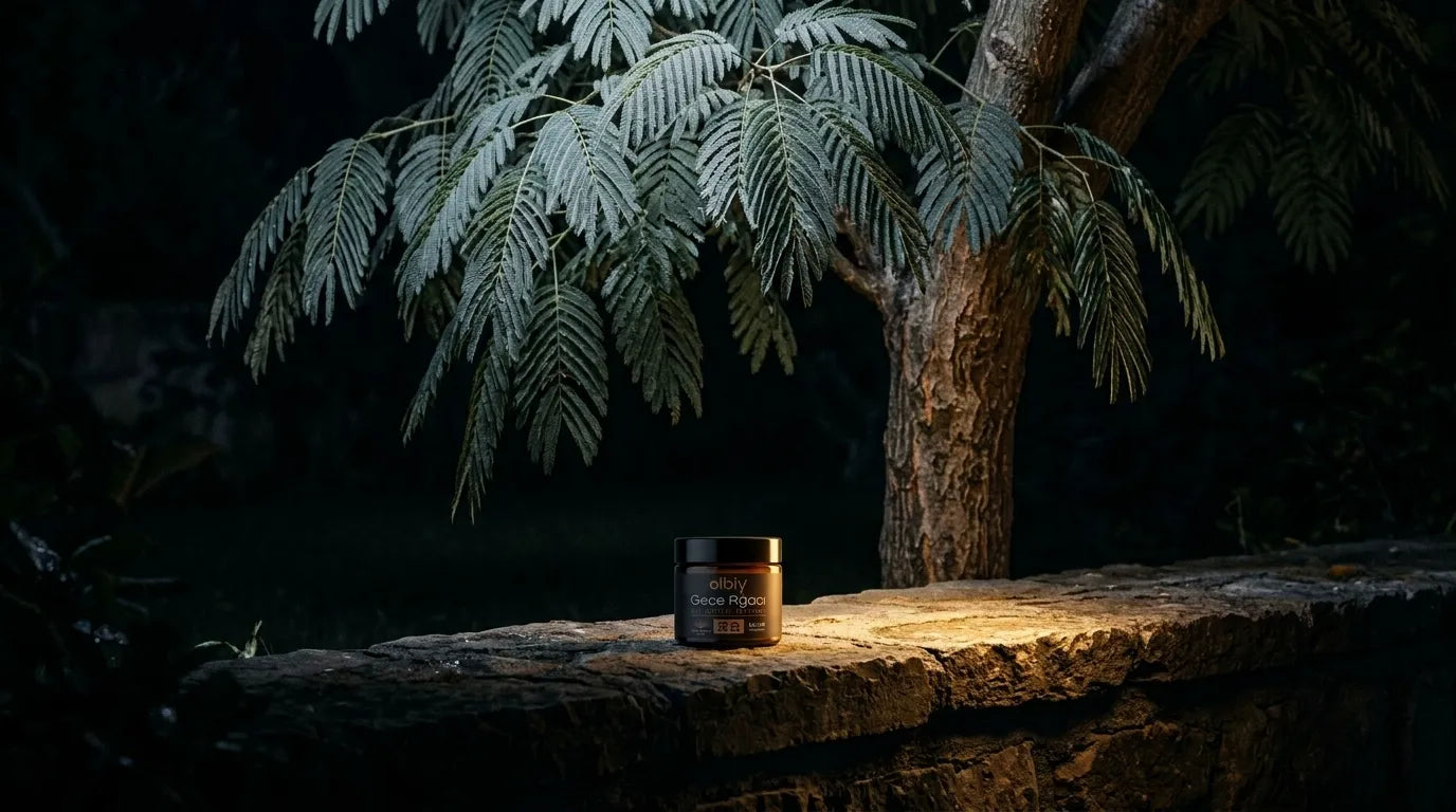 Gece yaprakları kapanmış gülibrişim ağacı ve taş duvarda Olbiy Gece Ağacı kavanozu